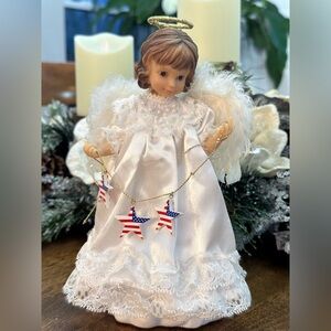 vintage porcelain angel Doll-holding U.S.A flag -stars